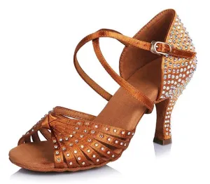 Tan Rhinestone Ballroom Dancing Shoes Latin Salsa Performance Dance Shoes