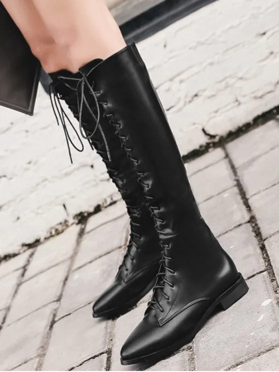 Trendy Faux Leather Lace Up Knee High Boots