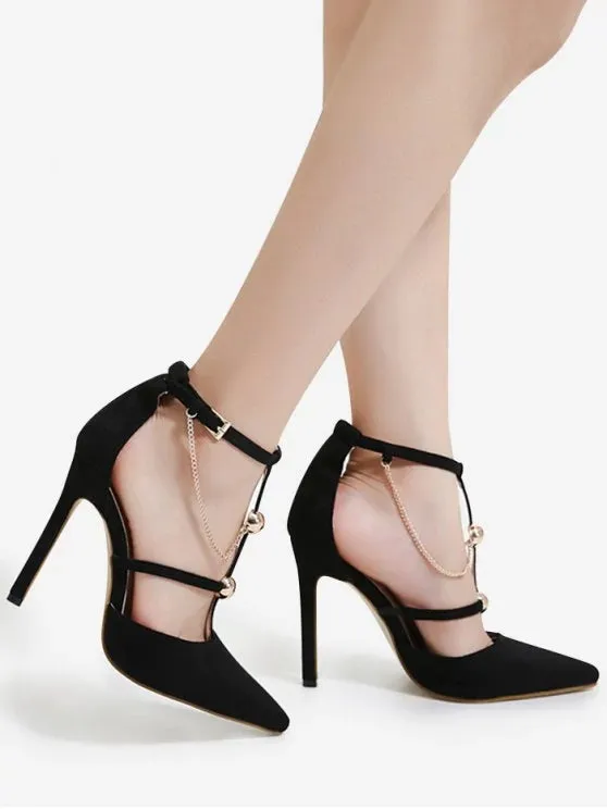 Trendy Metal Chains T-strap Faux Suede Pumps