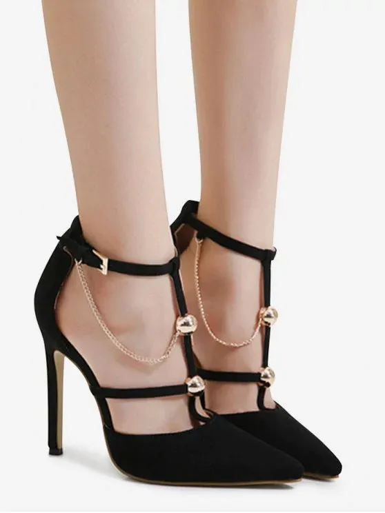 Trendy Metal Chains T-strap Faux Suede Pumps