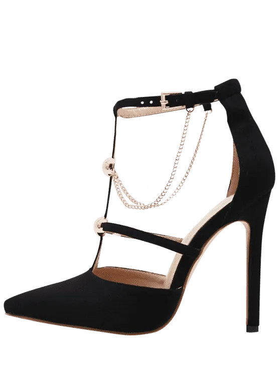 Trendy Metal Chains T-strap Faux Suede Pumps