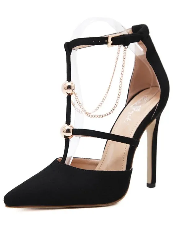 Trendy Metal Chains T-strap Faux Suede Pumps