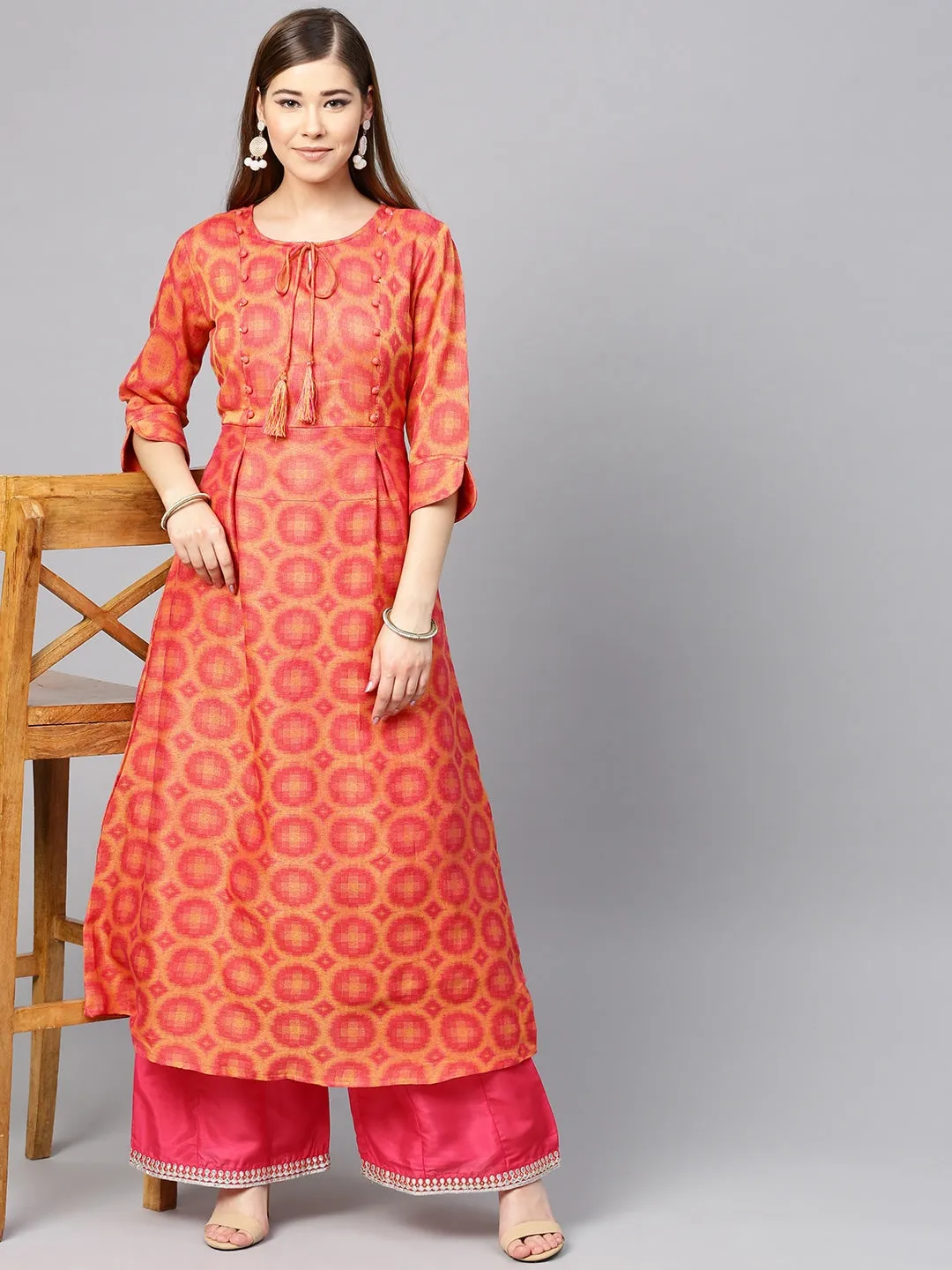 Women Coral Pink & Yellow A-Line Kurta