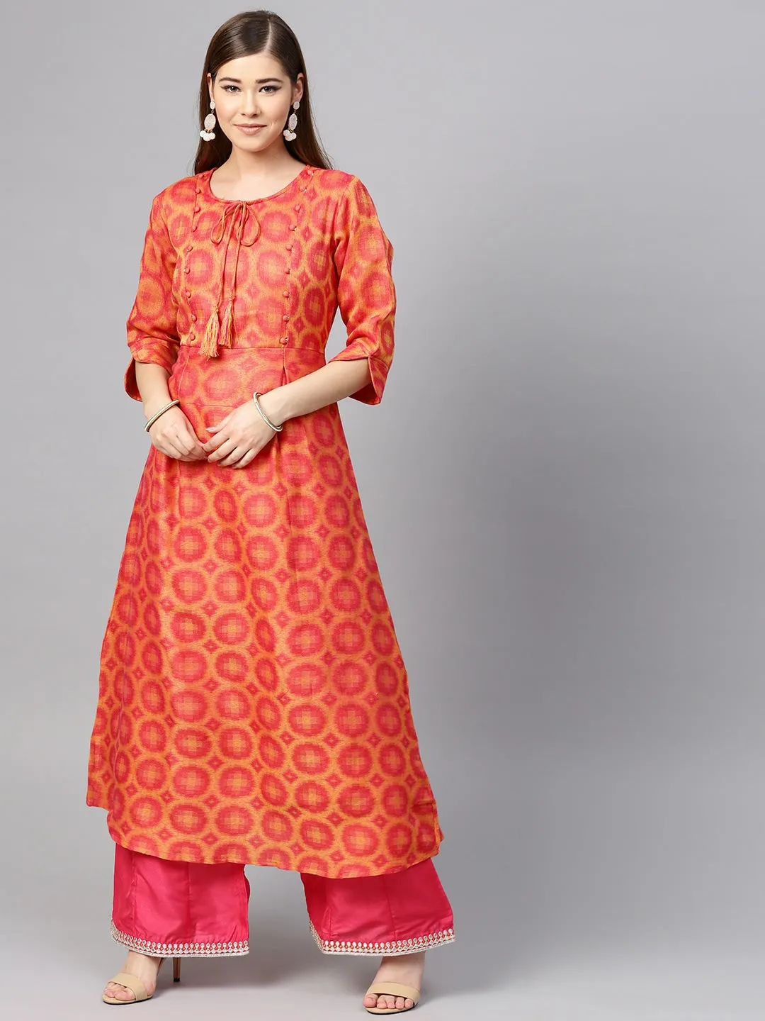 Women Coral Pink & Yellow A-Line Kurta