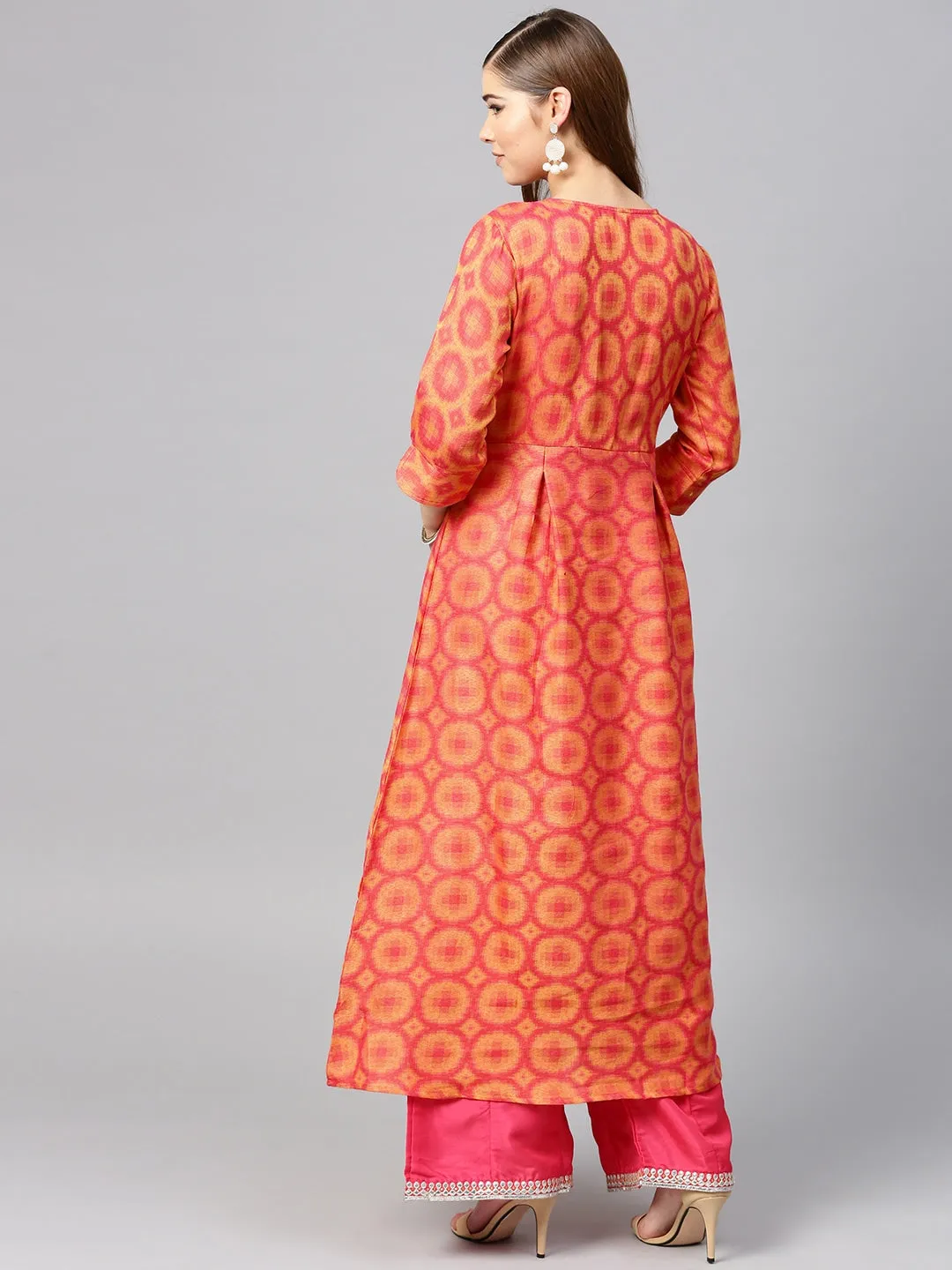 Women Coral Pink & Yellow A-Line Kurta