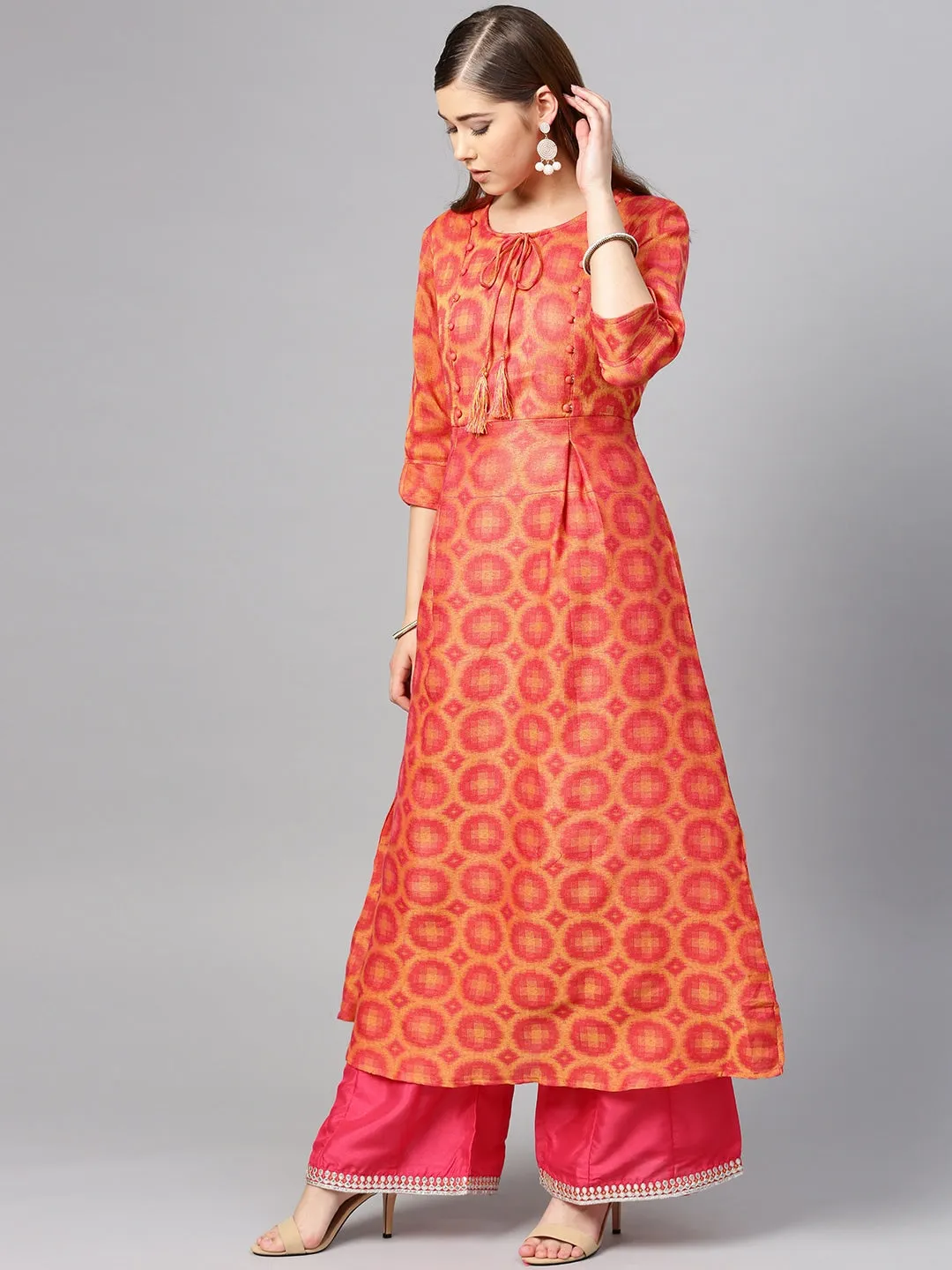 Women Coral Pink & Yellow A-Line Kurta