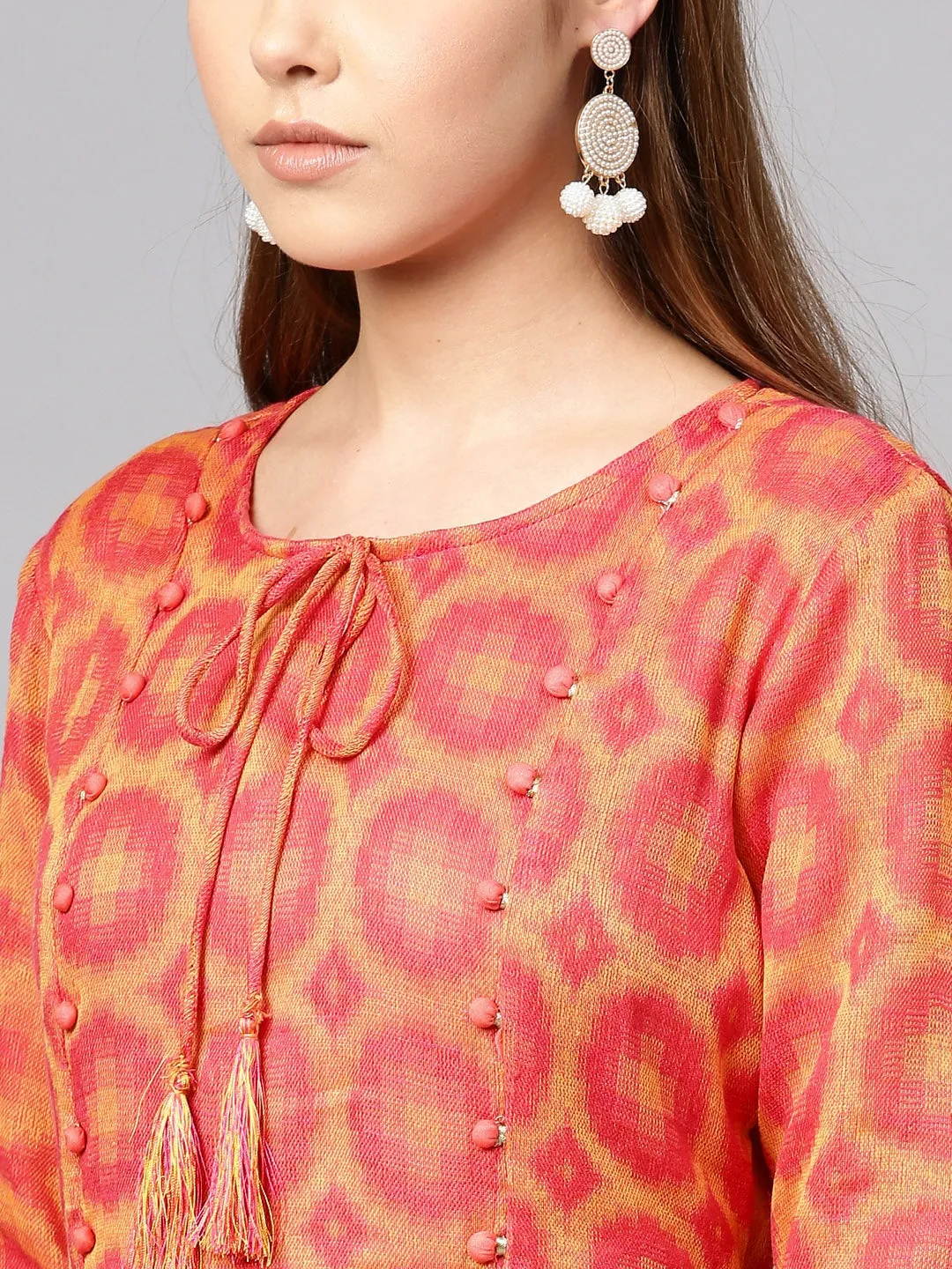 Women Coral Pink & Yellow A-Line Kurta