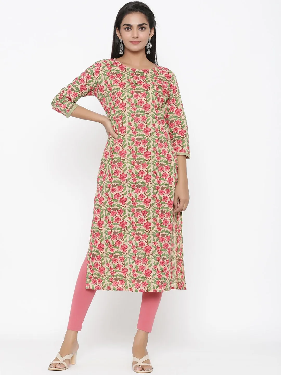 Women Green & Pink Straight Kurta