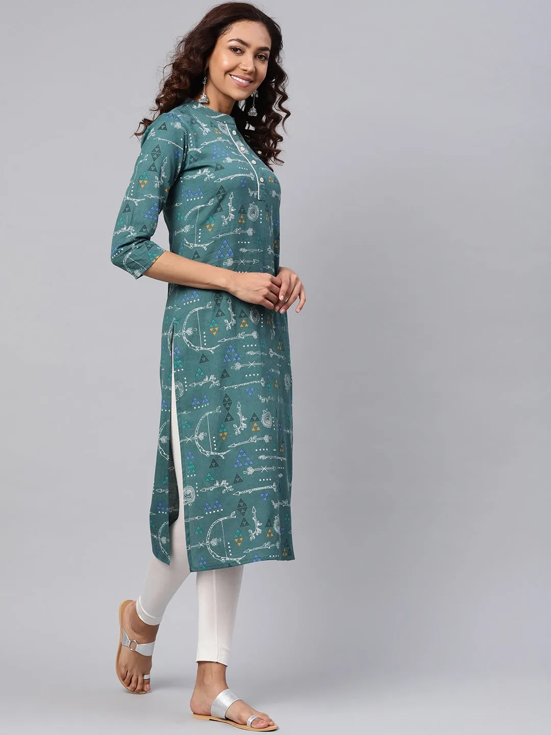 Women Green & White Printed Kurta