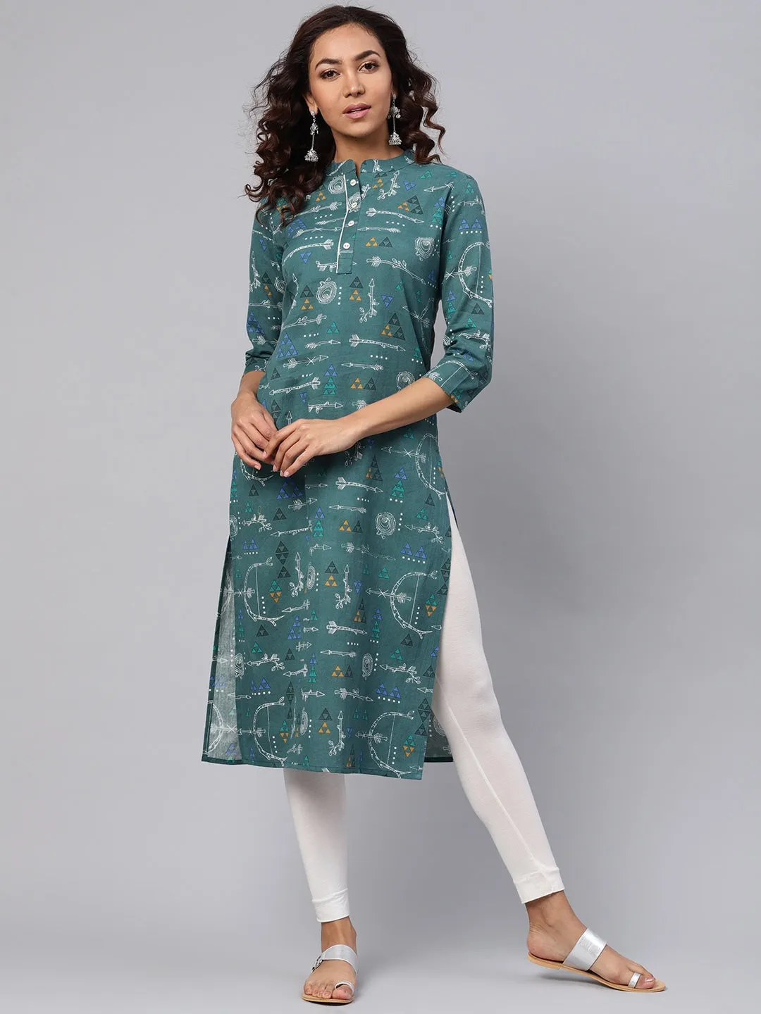 Women Green & White Printed Kurta