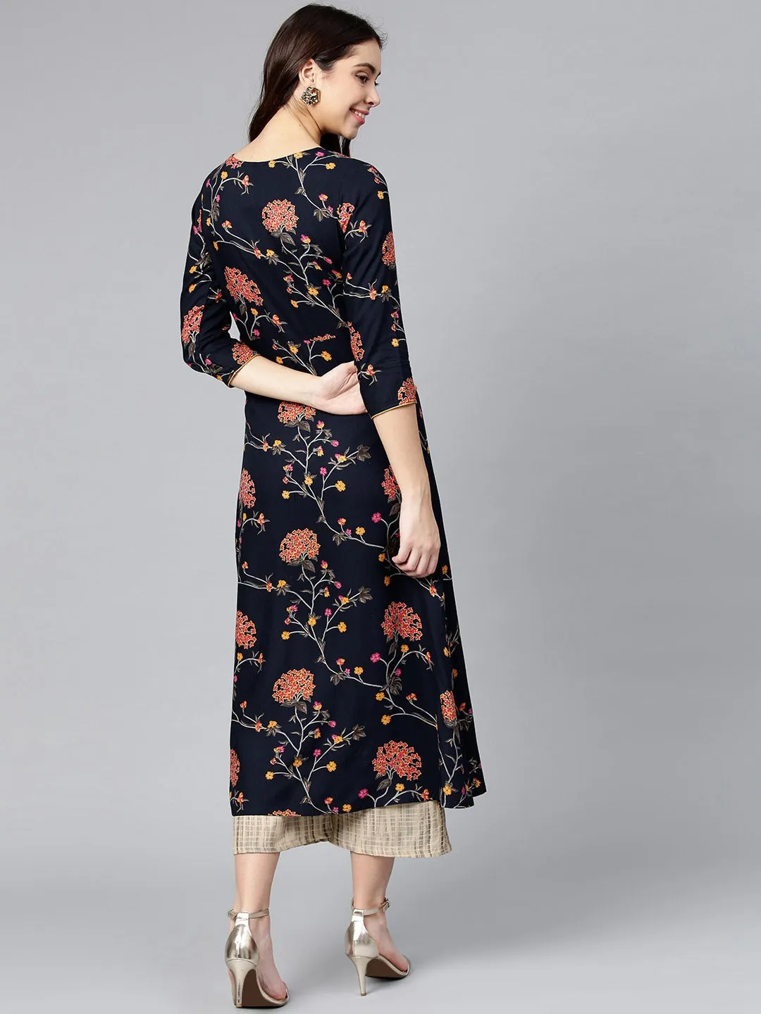 Women Navy & Pink Printed Kurta