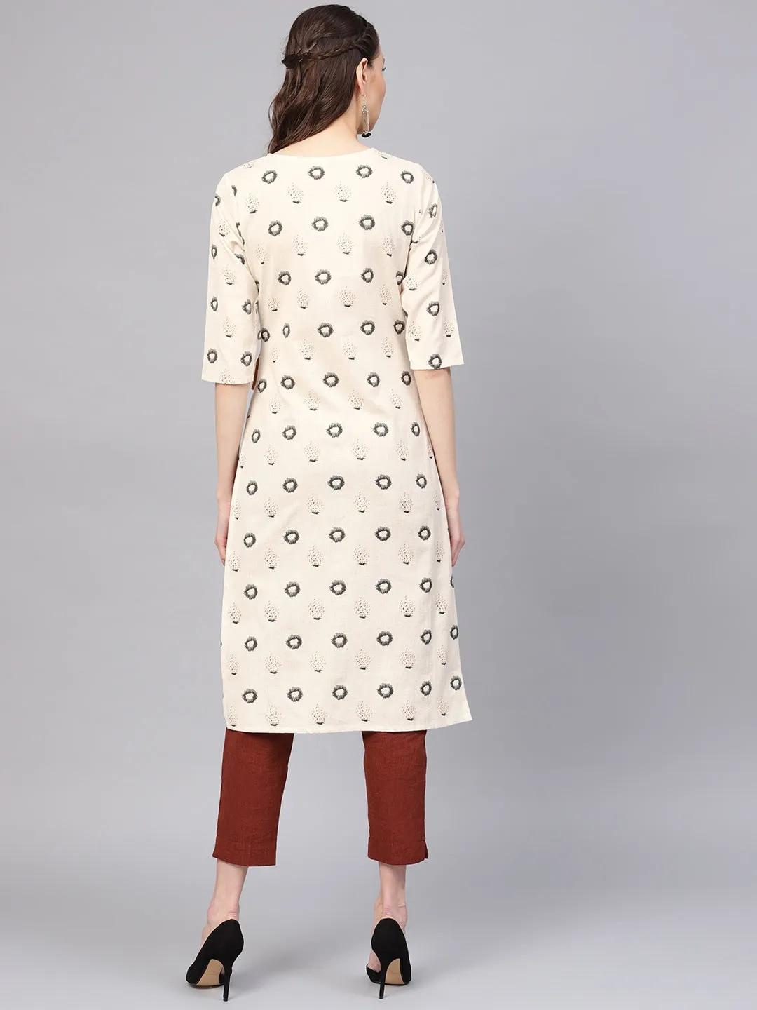 Women Off-White & Grey Straight Kurta