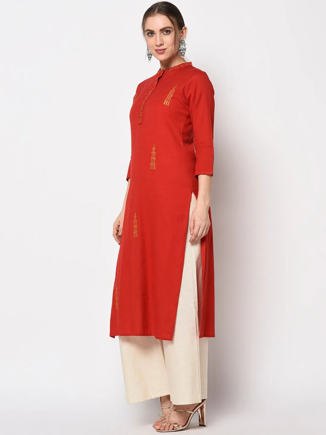 Women Red Embroidered Kurta