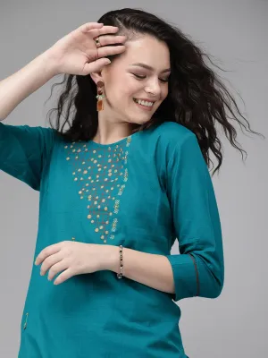 Women Teal Blue Straight Kurta