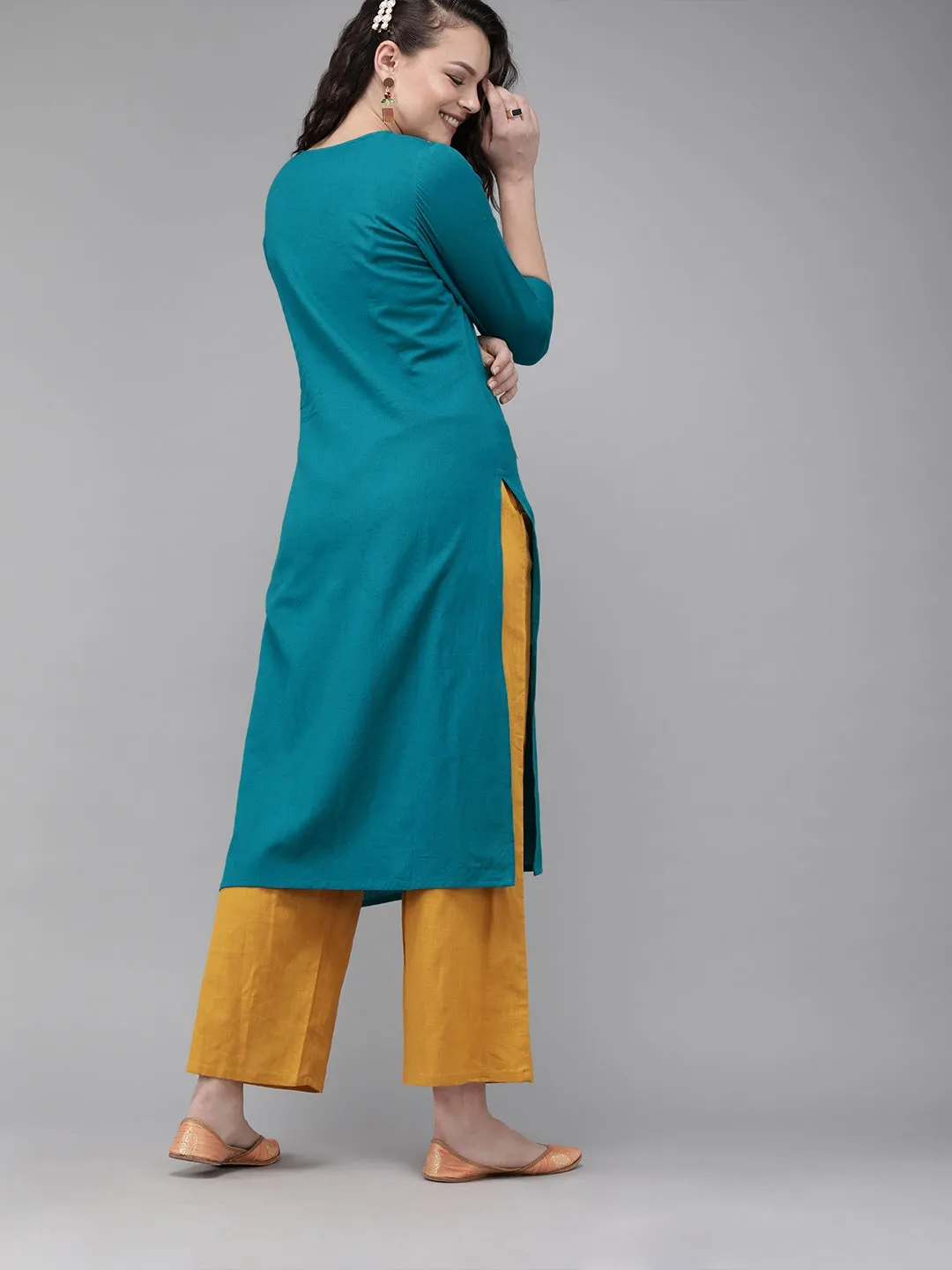 Women Teal Blue Straight Kurta