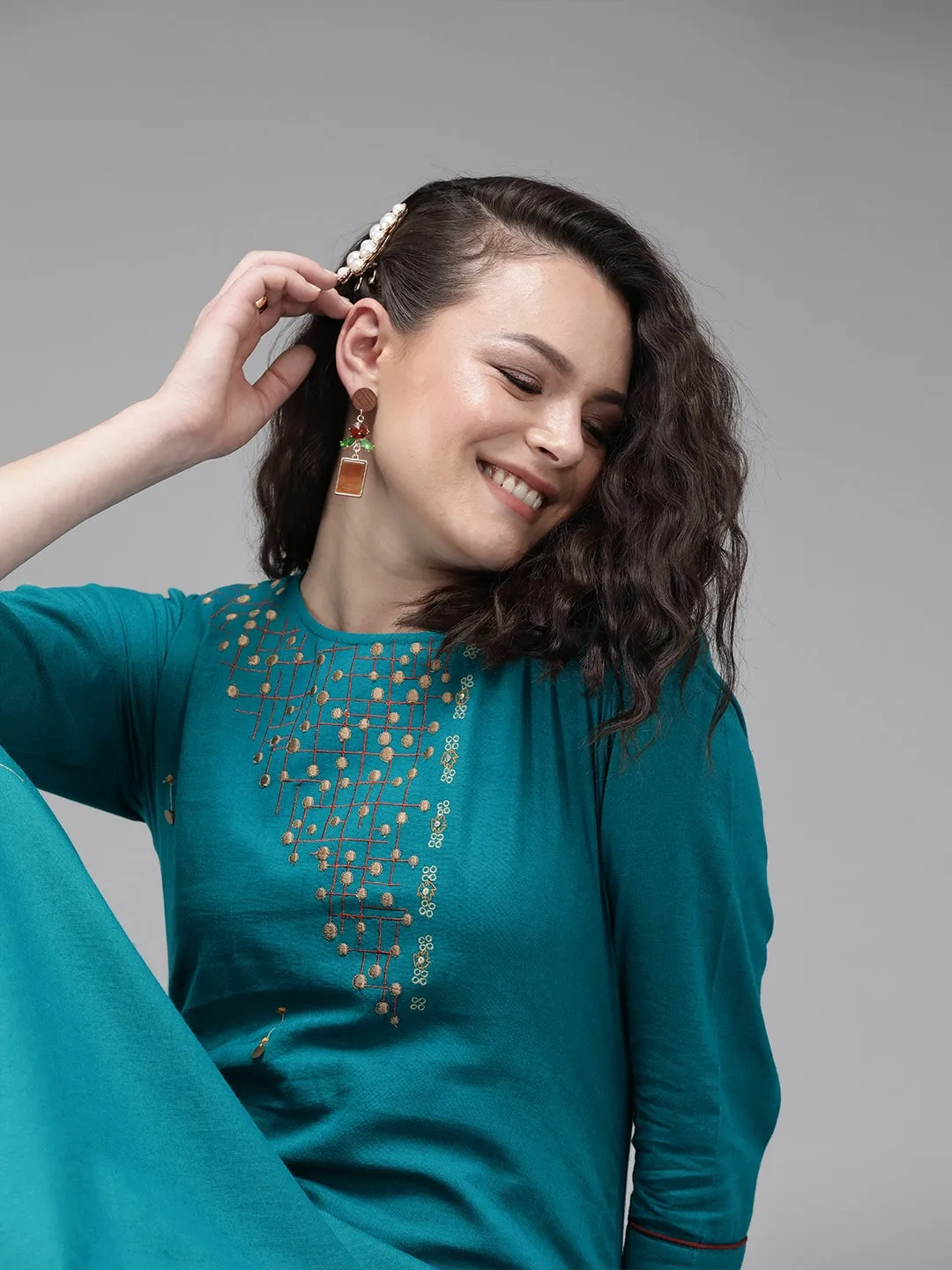 Women Teal Blue Straight Kurta