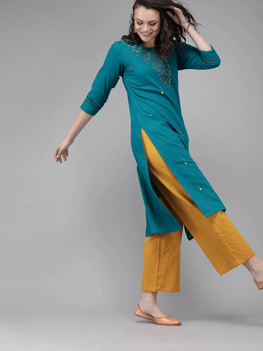 Women Teal Blue Straight Kurta