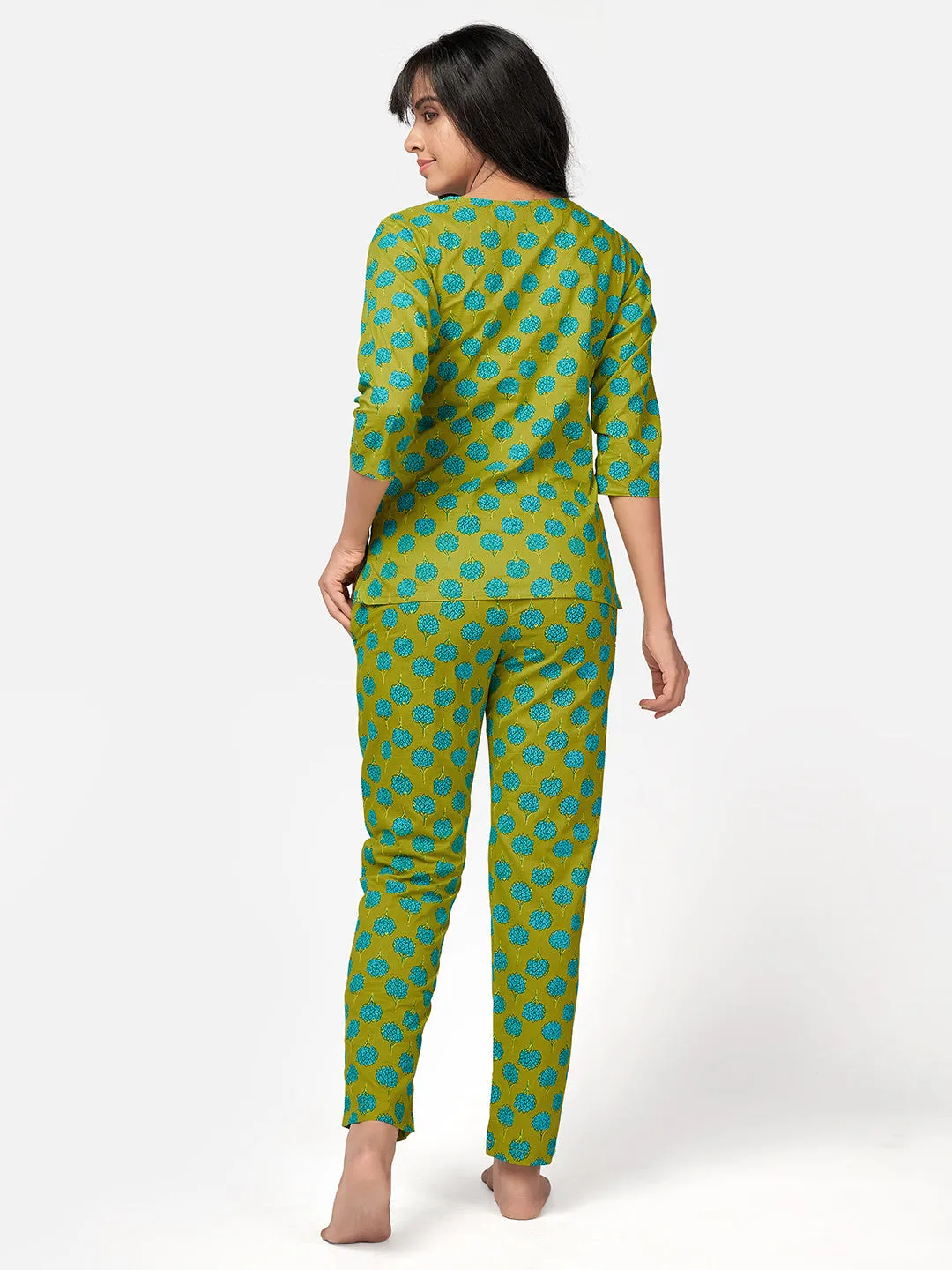 Women'S Floral Print  Cotton Parrot Green Night Suit Set