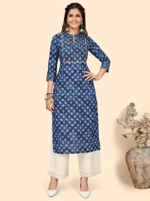 Women'S Print & Sequience Straight Cotton Blue Stitched Kurta