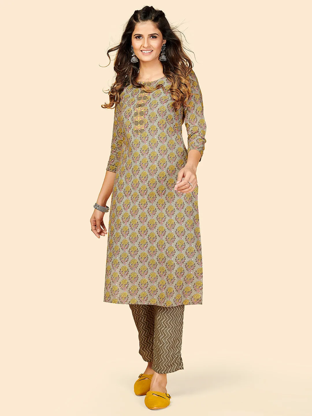 Women'S Printed & Hand Work Straight Cotton Grey Stitched Kurta With Pant