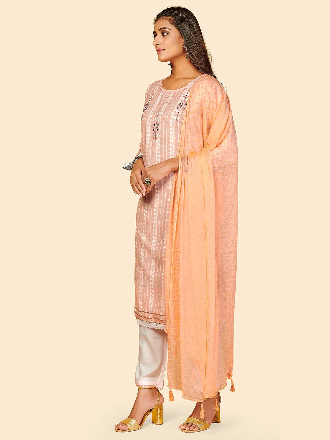 Women'S Printed & Hand Work Straight Yarn Dyed Orange Stitched Kurta Pant With Dupatta