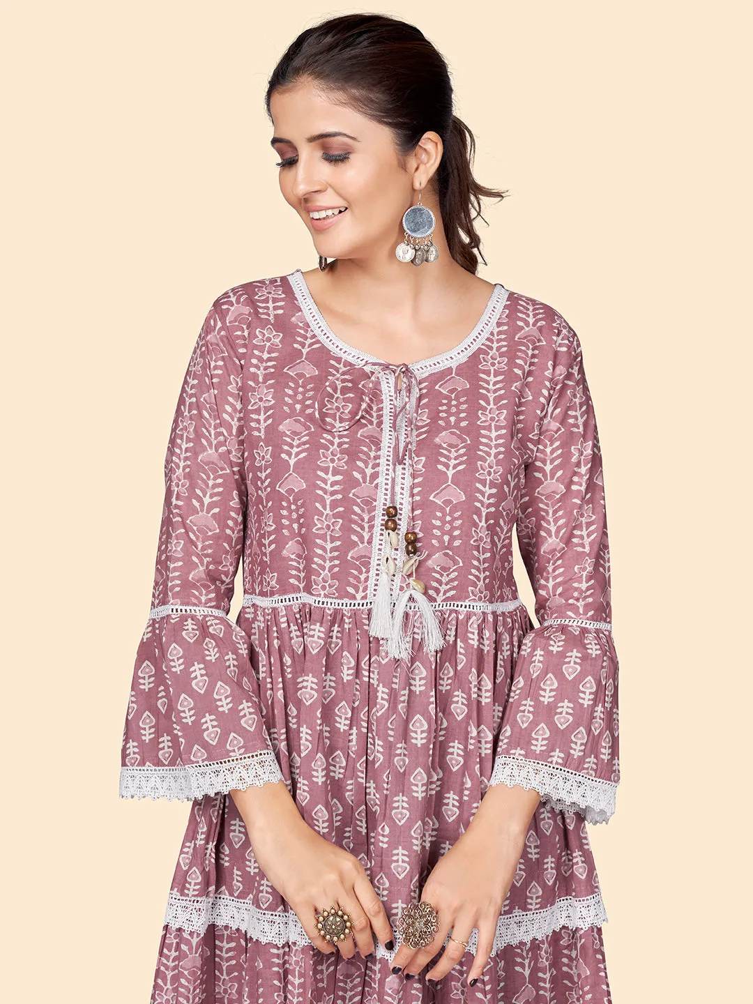 Women'S Printed Flared Cotton Pink Stitched Dress