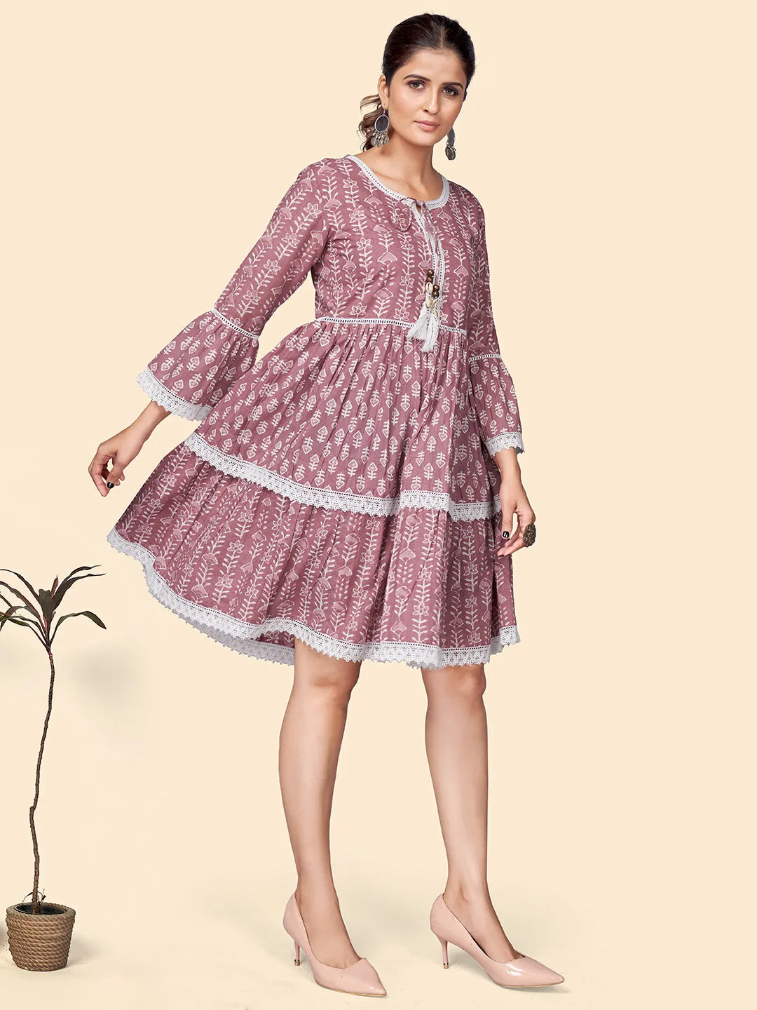 Women'S Printed Flared Cotton Pink Stitched Dress