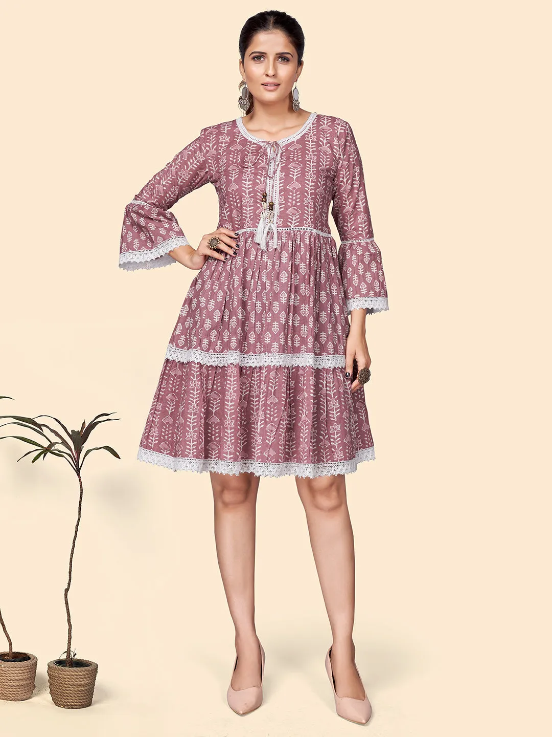 Women'S Printed Flared Cotton Pink Stitched Dress