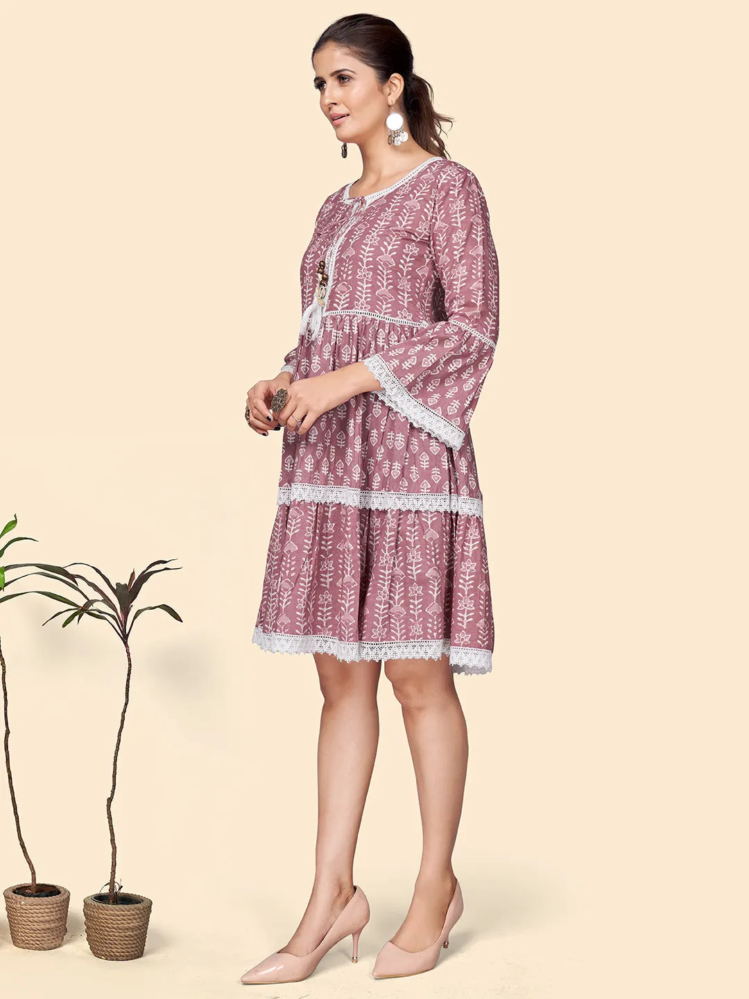 Women'S Printed Flared Cotton Pink Stitched Dress